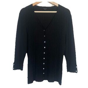 J Peterman Womens Merino Wool Silk Knit Cardigan Rhinestone Buttons Size M Black